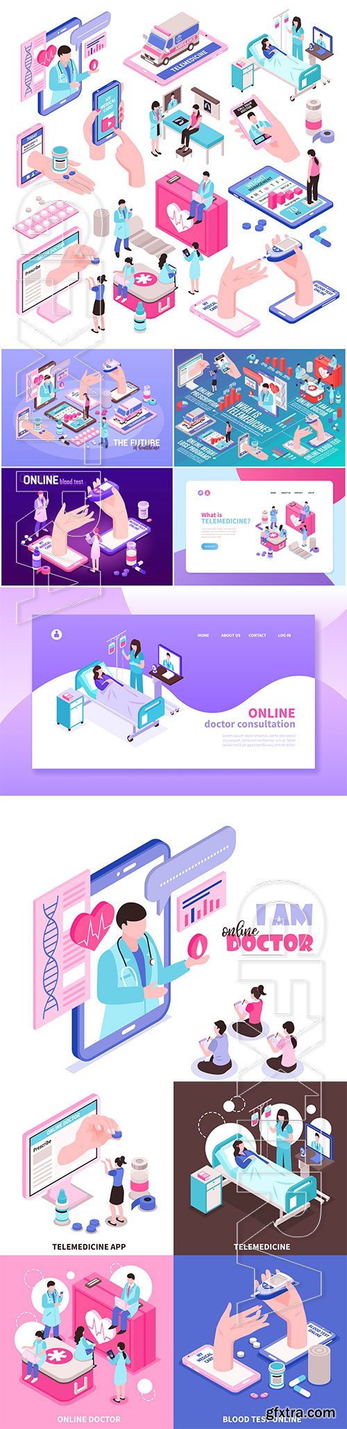 Online medicine and digital health isometric elements vector set