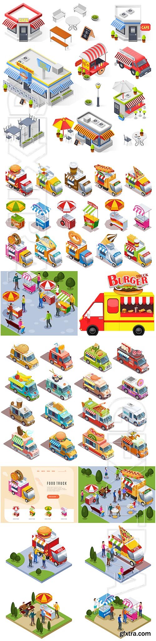 Food trucks and street carts vending fast food drinks and ice cream isometric icons set