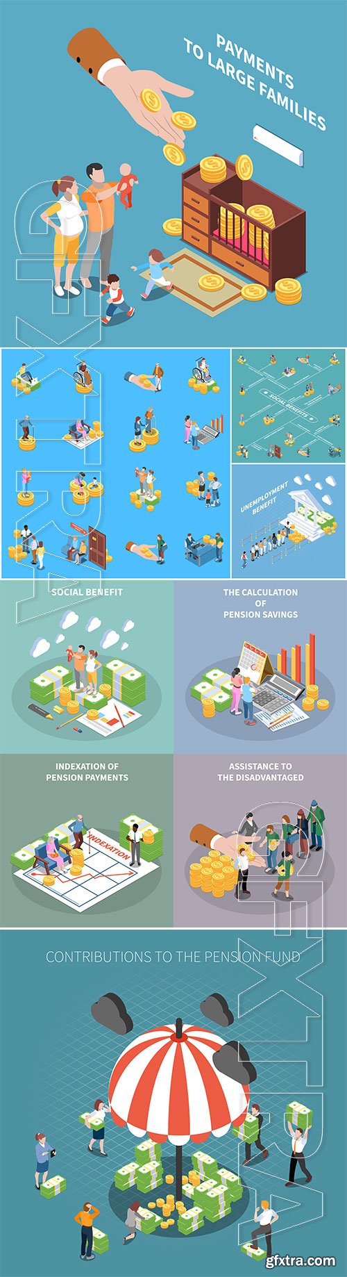 Social security benefits isometric elements vector set