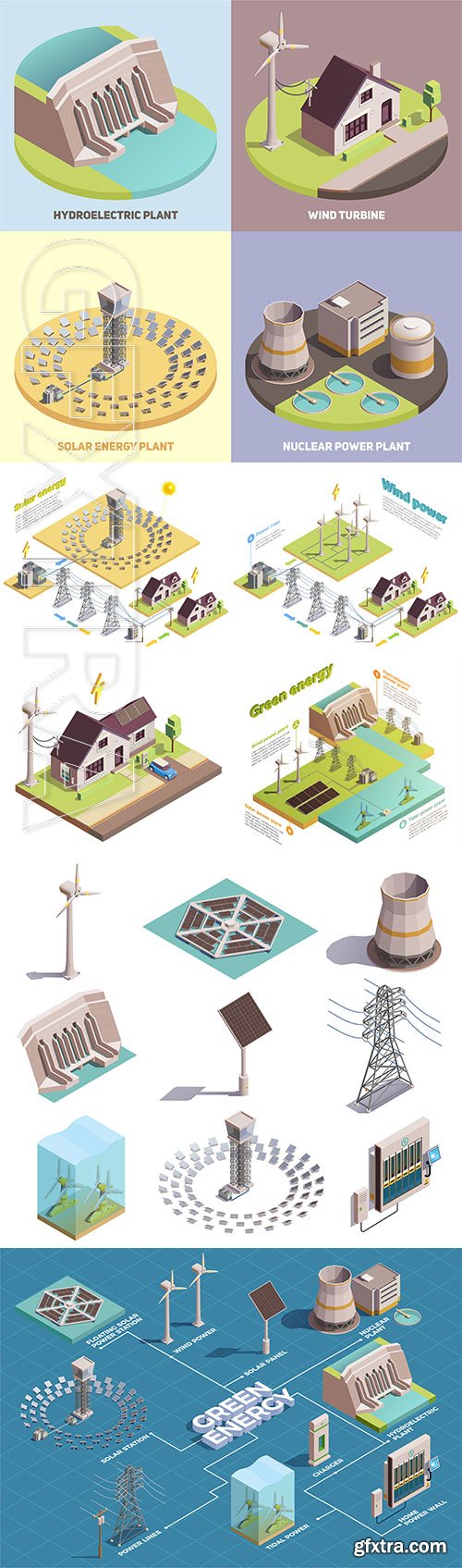 Green energy production isometric vector illustration