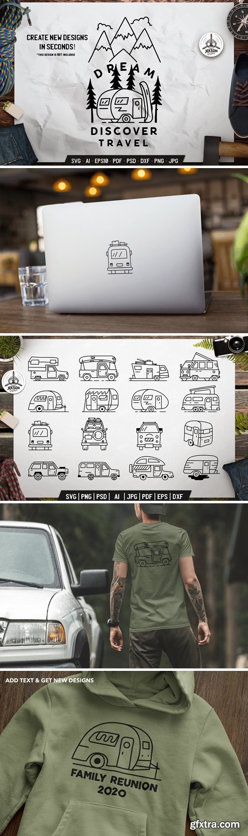 Vintage Camp Trailers Icons Bundle. Vector Graphic