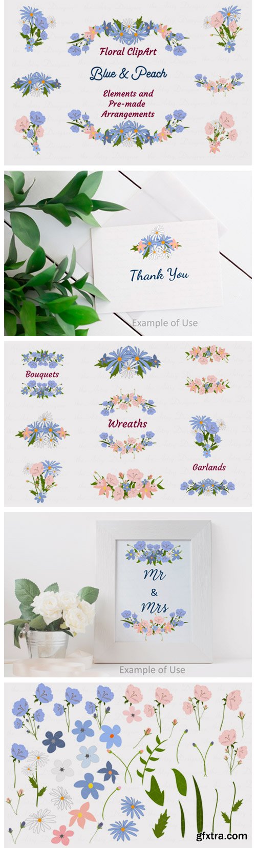 Blue Peach Daisy Flowers Clipart Bundle 4068024