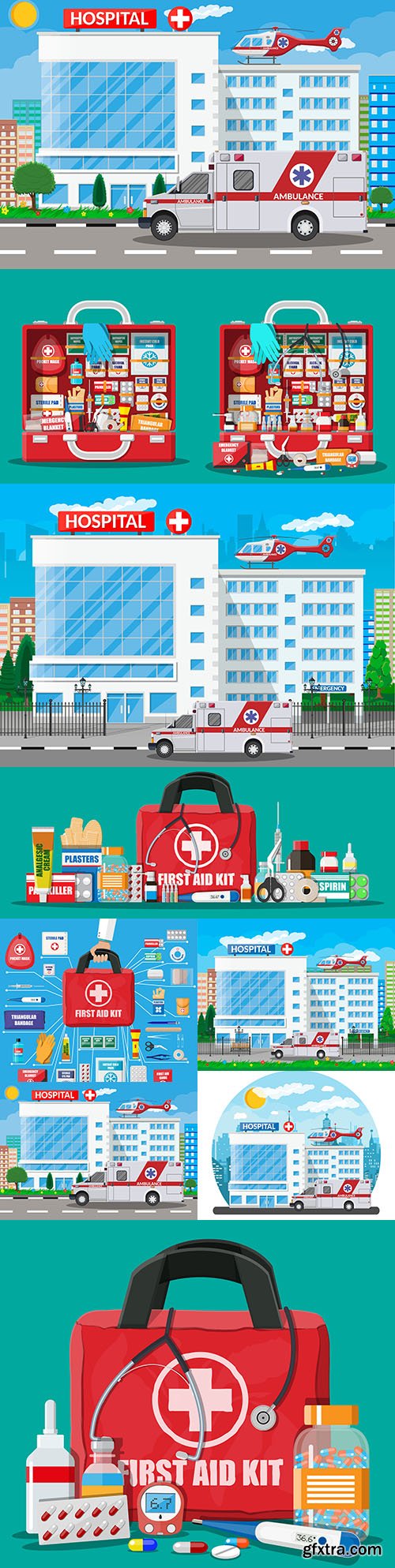 Hospital with ambulance and medical suitcase with tools
