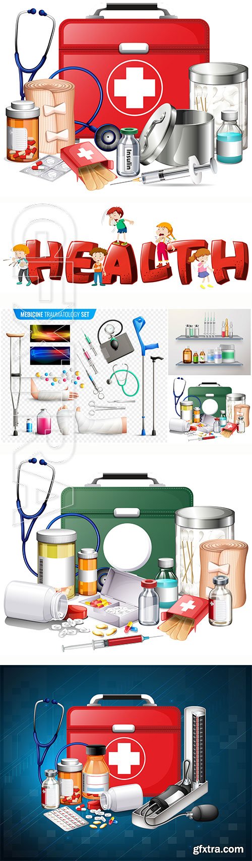 Many medical equipments and medicine vector illustration