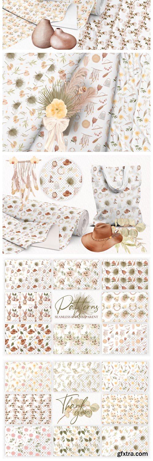 Boho Seamless Patterns. Flowers. Leaves 4125797