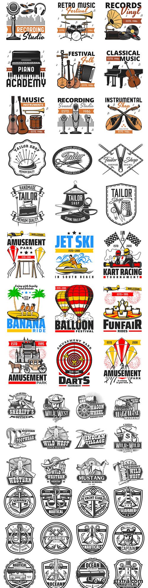 Wild West, amusement park and music festival design emblems
