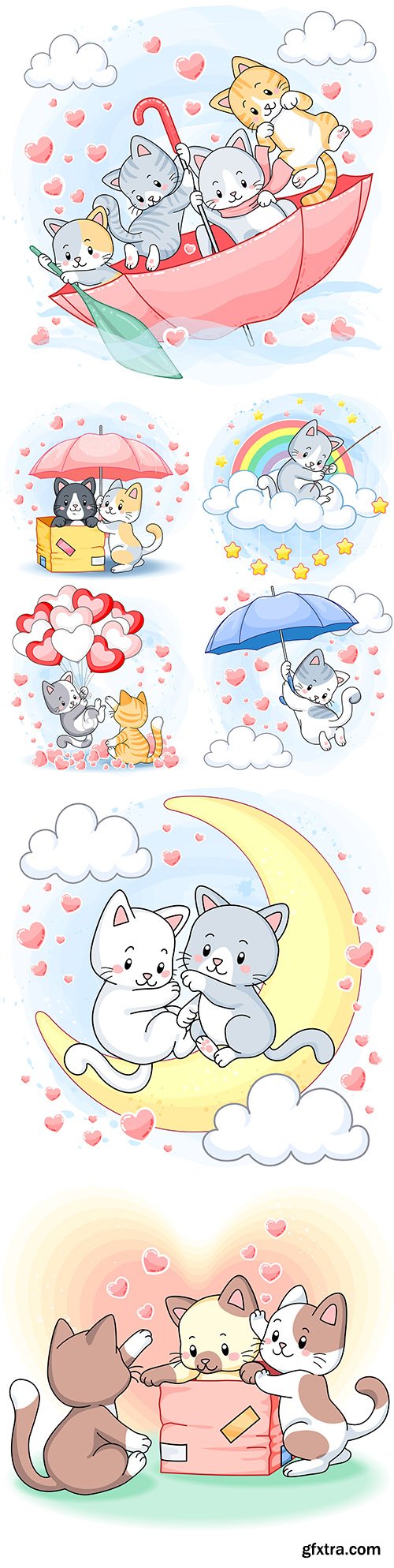 Nice funny kittens with umbrella and hearts illustration
