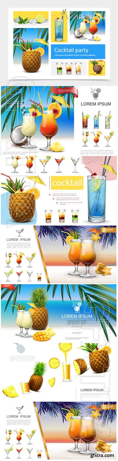 Realistic, summer, cocktails, vector, collection