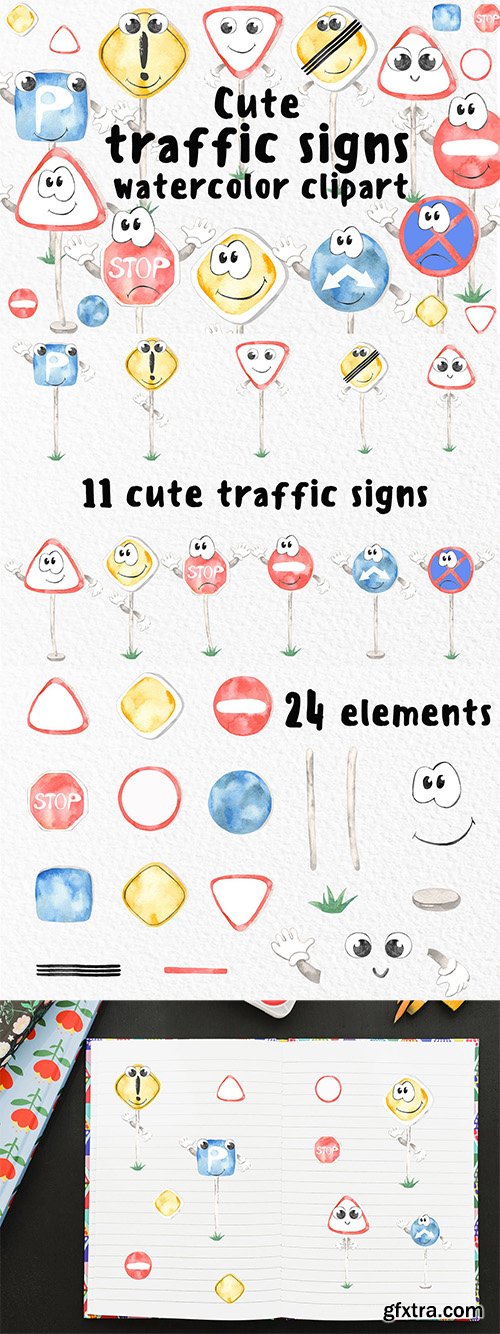 Watercolor Cute traffic signs Clipart