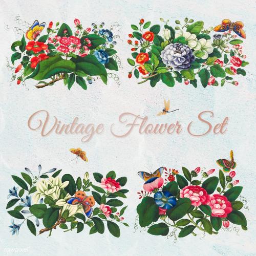 Beautiful vintage Chinese flower arrangements set mockup - 2205289