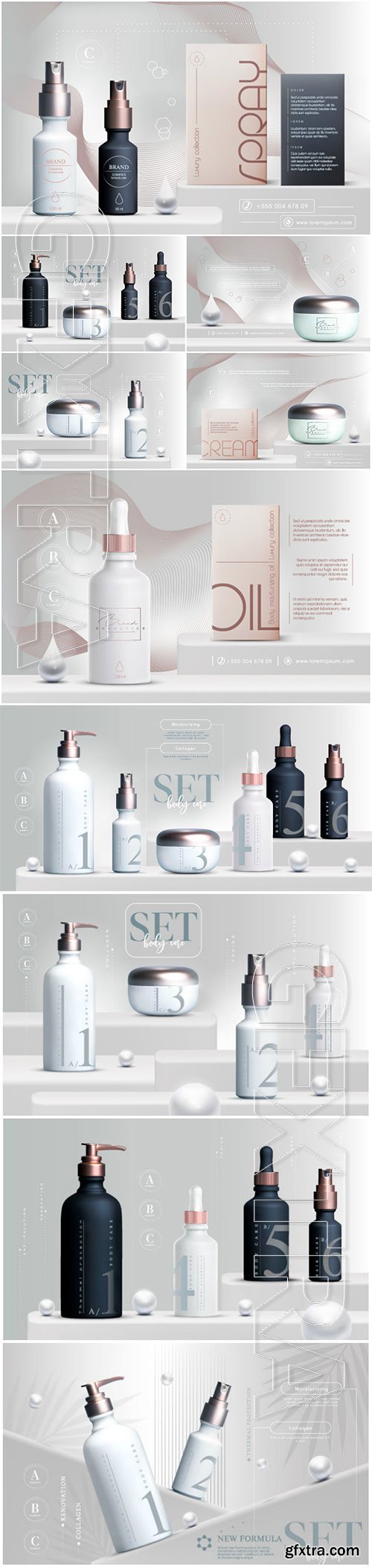 Vector 3D elegant cosmetic products set vector illustration