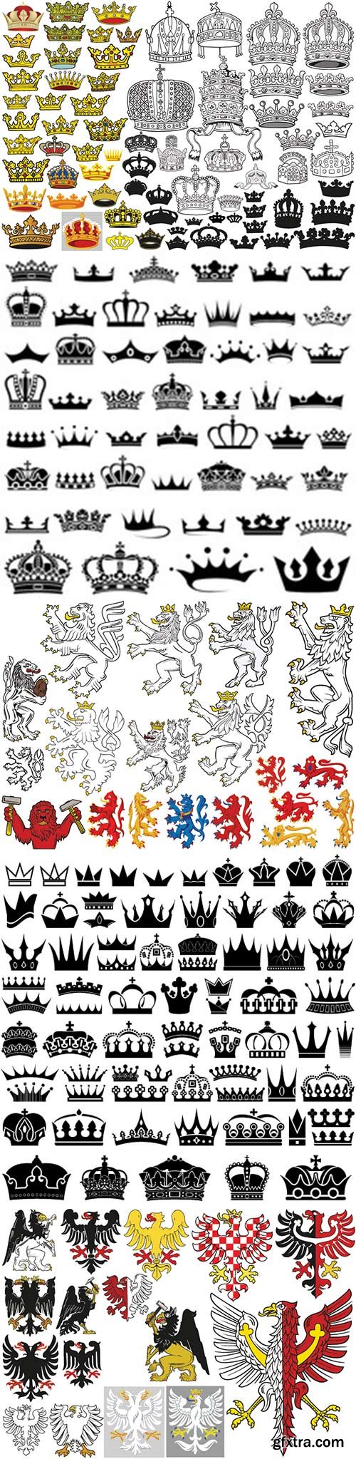 Big set of heraldic crowns in colored illustrations