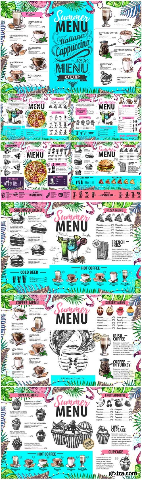 Hand drawing summer menu design with flamingo and tropic leaves