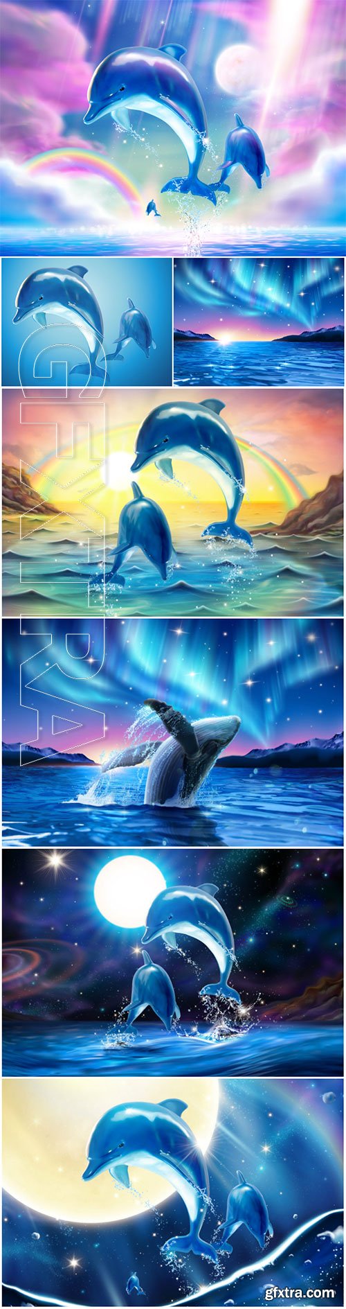 Dolphins in vector, marine landscape