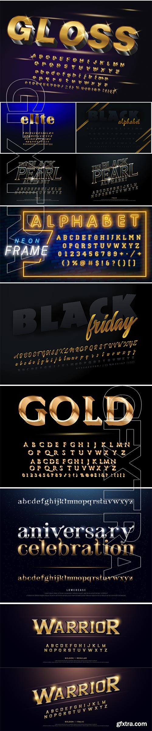 Golden glossy vector font or gold alphabet