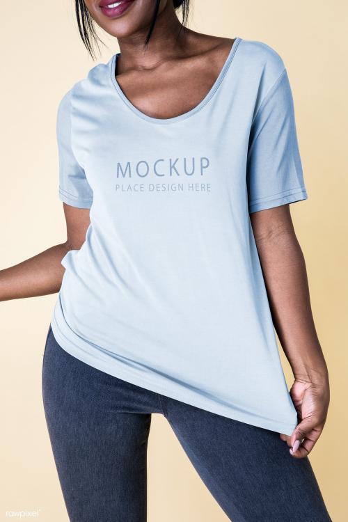 Woman wearing blue t-shirt mockup - 2291766