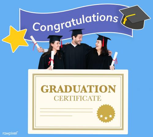 Group of grads in cap and gown with graduation certificate - 477413