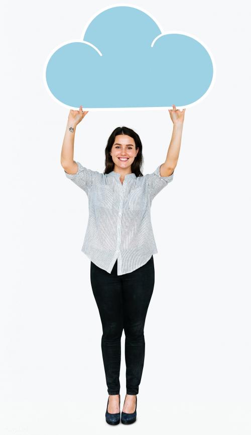 Cheerful woman holding a blue cloud symbol - 477414