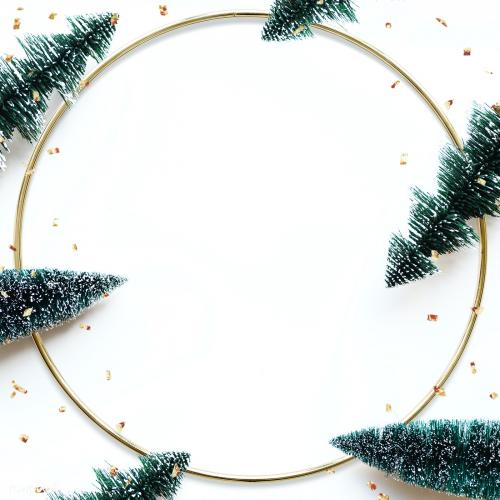 Round gold frame mockup with Christmas tree decorations - 1232321