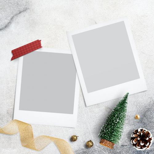 Blank photo frames mockup with Christmas decorations on cream background - 1232325