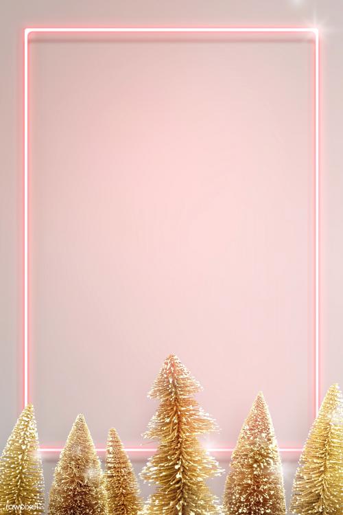 Pink neon frame with gold Christmas trees background illustration - 1233144