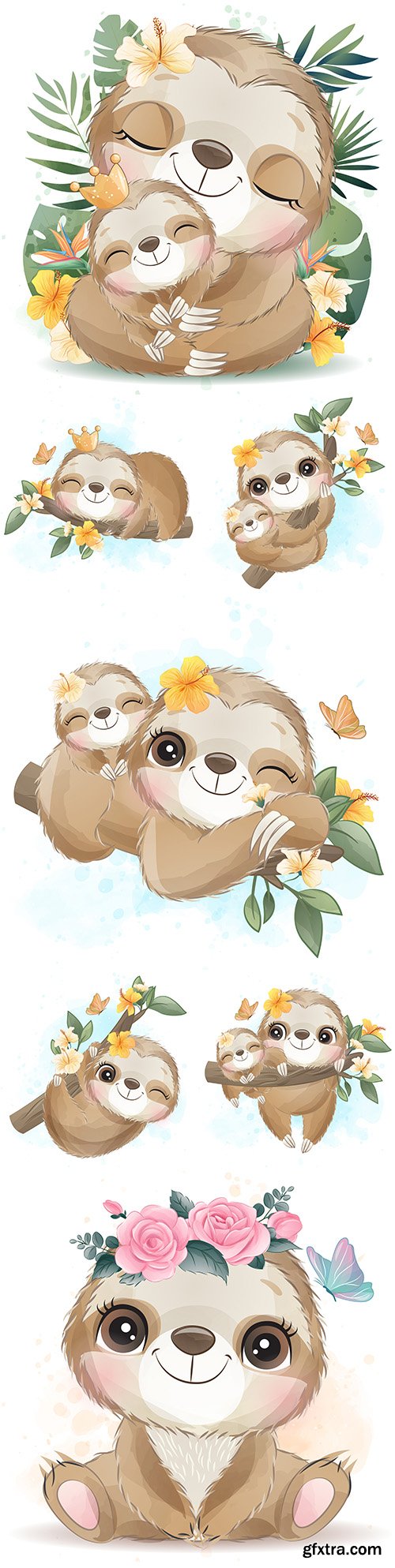 Cute Lazy Mother and Baby with Flowers Watercolor 7xEPS Cute Lazy Mother and Baby with Flowers Watercolor 7xEPS