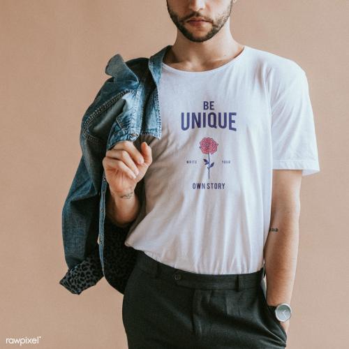 Bearded man in a white tee mockup - 1216412