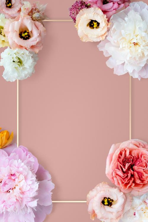 Various flowers with gold frame on pink background mockup - 1212434