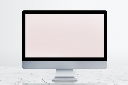 Desktop computer with screen mockup on a white marble table illustration - 935164