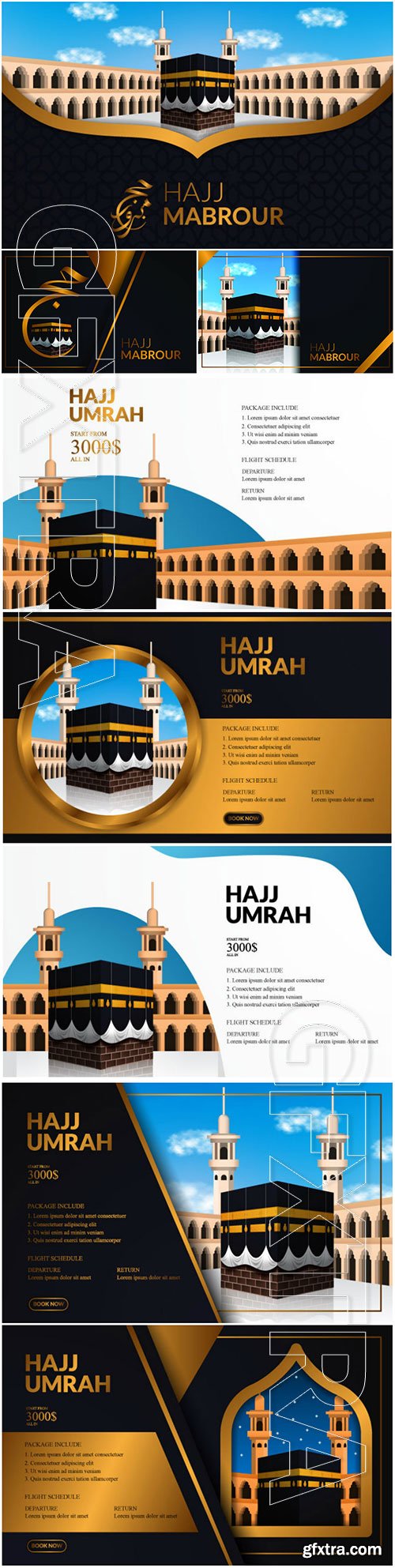 Greeting card for hajj or umrah mabrur with golden arabic calligraphy and kaaba realistic illustration, hajj pilgrimage to mecca