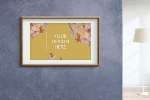 Wooden frame mockup on a purplish blue wall - 894279