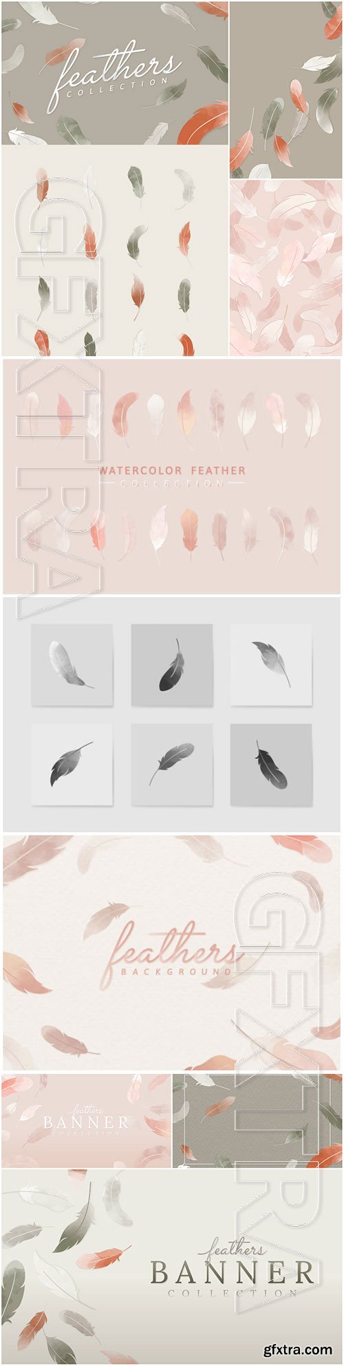 Floating feathers banner vector set