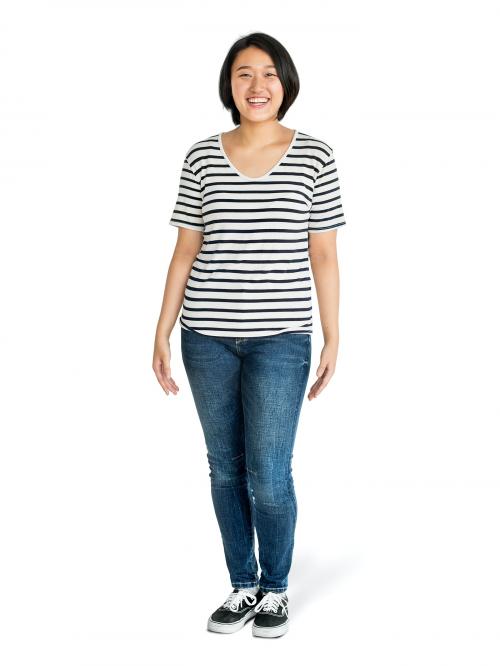 Cheerful Asian woman in jeans character isolated on a white background - 591418