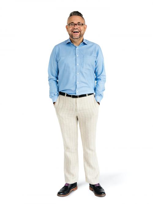 Cheerful man in a blue shirt character isolated on a white background - 591419