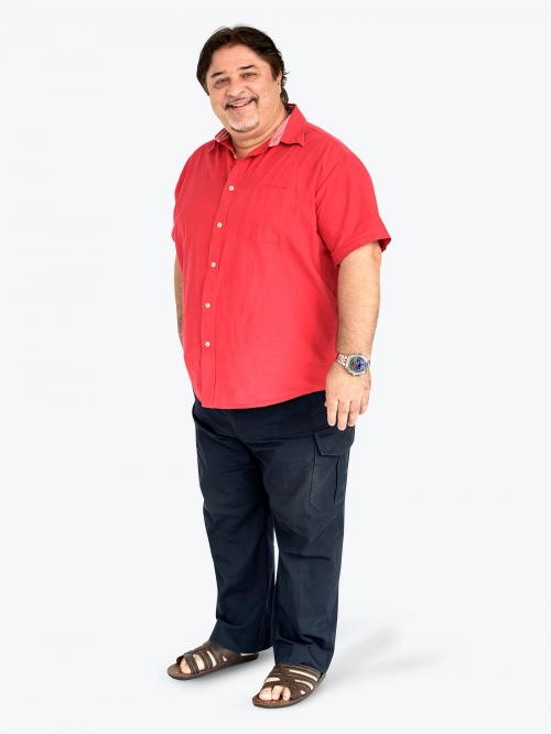 Cheerful Hispanic man in a red shirt character isolated on a white background - 591435