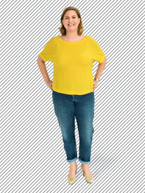 Cheerful woman in a yellow tee character isolated on a striped background - 591459