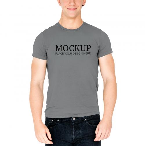 Young man in a plain gray tee mockup - 598477