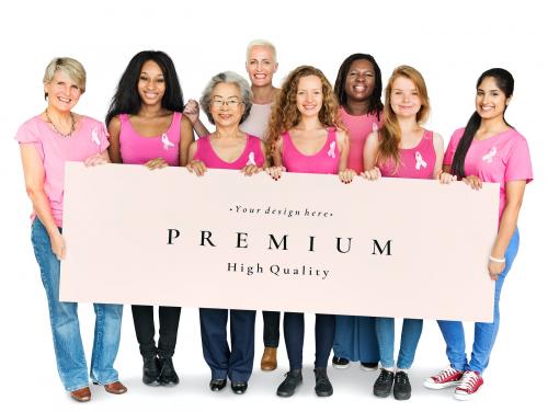 Diverse women with a pink ribbon campaign banner mockup - 666171