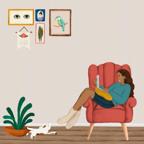 Girl using a laptop on a red couch sketch style vector - 1227413