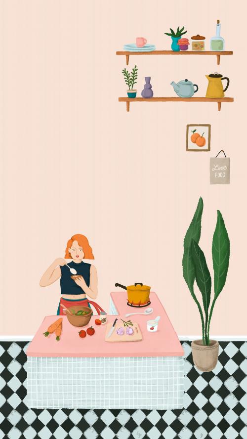 Girl cooking in a kitchen sketch style mobile phone wallpaper vector - 1227415