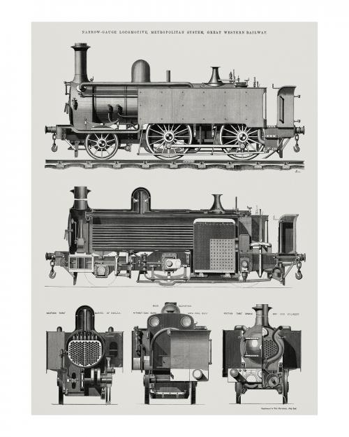 Engine train and its compartments vintage illustration wall art print and poster design remix from original artwork. - 2267344