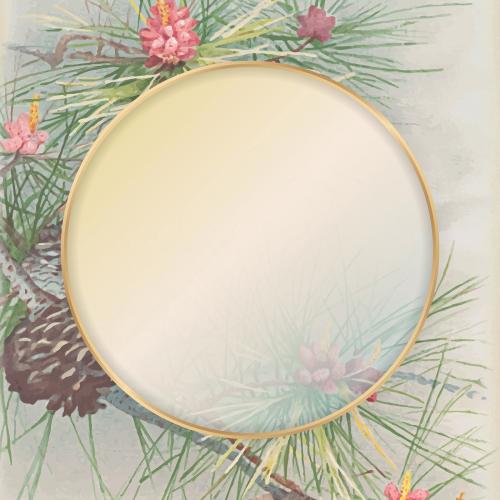 Round gold frame on pine and conifer cone patterned background vector - 1227965