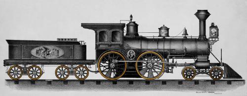 Gray railroad engine vintage illustration wall art print and poster design remix from original artwork. - 2270360