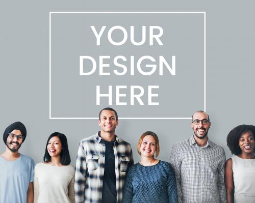 Diverse cheerful people in front of a wall mockup - 580860