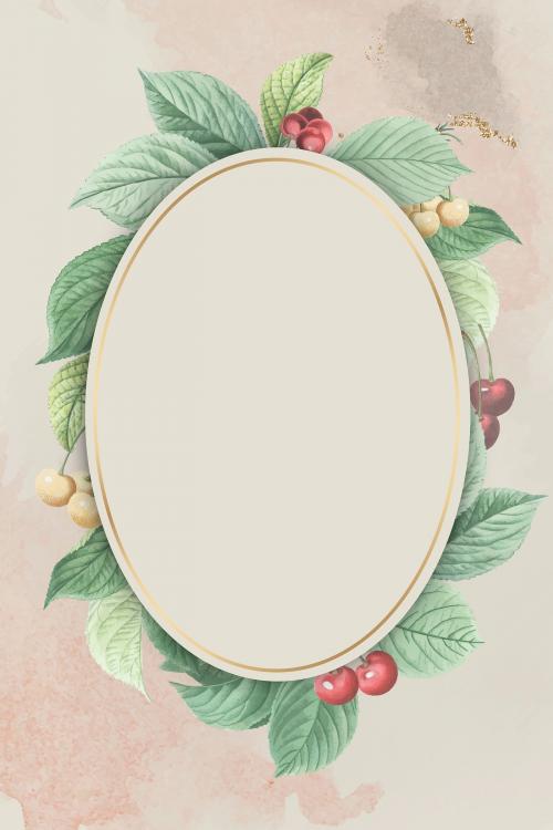 Hand drawn cherry leaf pattern with oval gold frame vector - 1214426