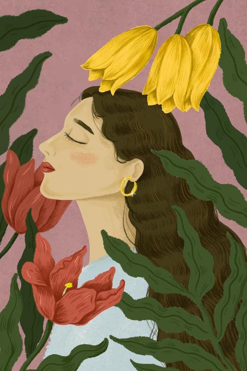 Beautiful woman surrounded by nature illustration - 1220729