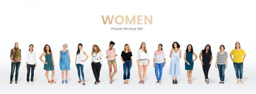 Cheerful diverse women character mockups set - 591307