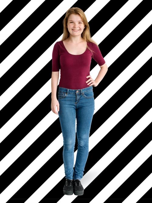 Cheerful blond girl in jeans character isolated on a striped background - 591317