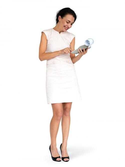 Cheerful Russian secretary with her calculator character isolated on a white background - 591318