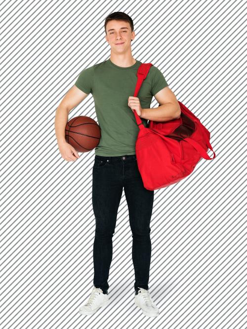 Sportive boy with his red duffel bag character isolated on striped background - 591340